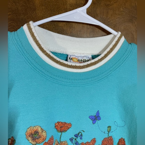 Vintage 90s Morning Sun Teal Double Collar Grandma Sweatshirt Crewneck Poppy Med - Picture 3 of 8
